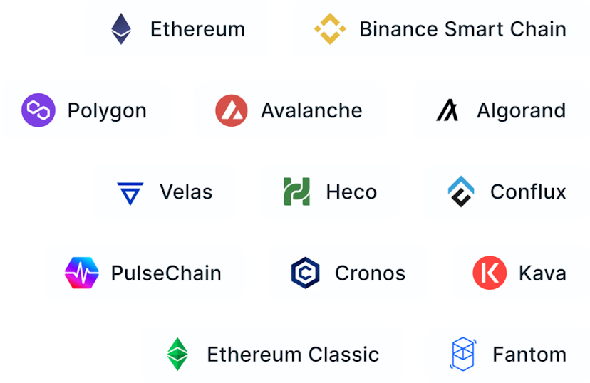Vesting Smart contracts with ETH, BSC, Polygon, AVAX, Algorand, Velas and more.